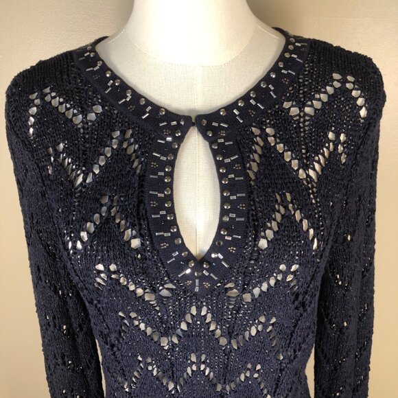 White House Black Market Studded Neckline Long Sleeve Navy Lace Sweater Size S - Picture 3 of 10